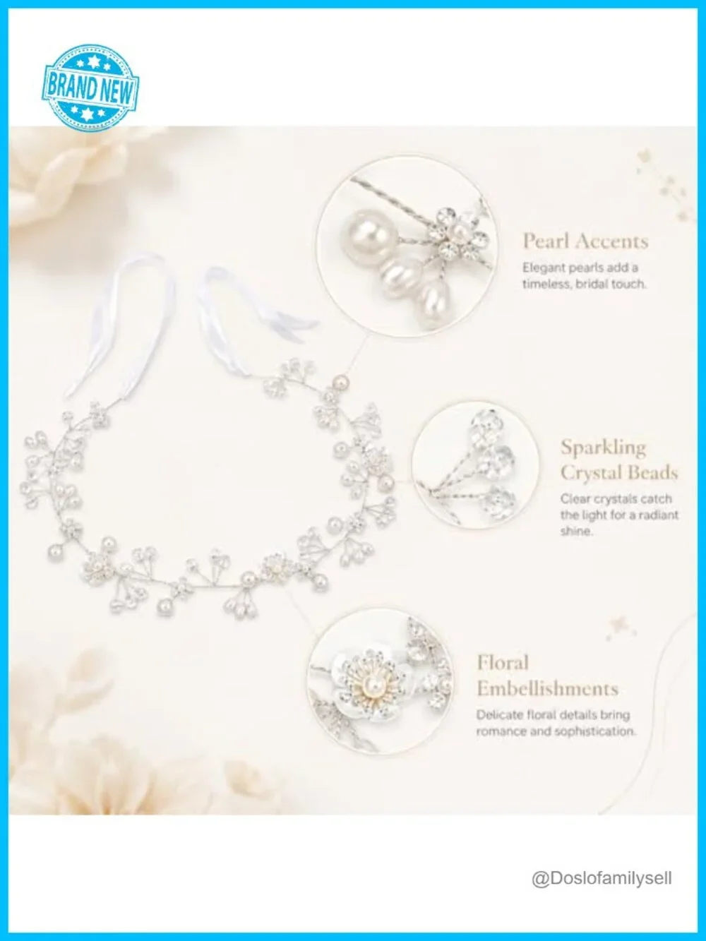 Handmade Silver Wire Woven Headband with White Flower & Pearl